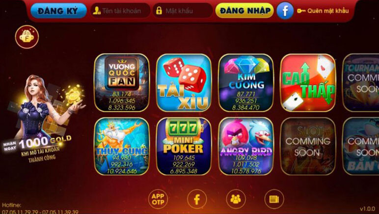 Giao diện cổng game Fanvip Club